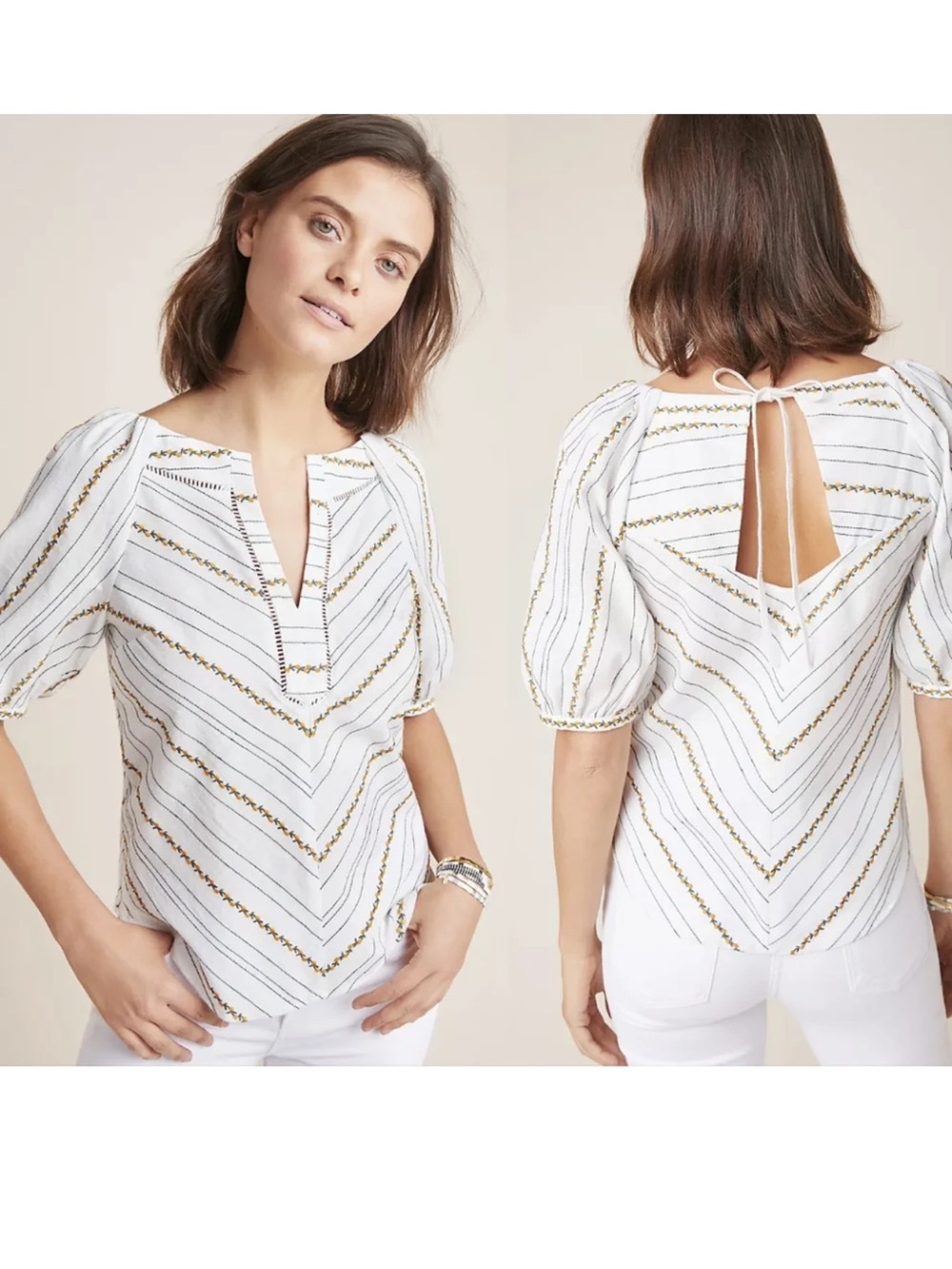 Anthropologie Maeve Fruit Puff-Sleeved Top Women’s SZ US 4 in White Stripes